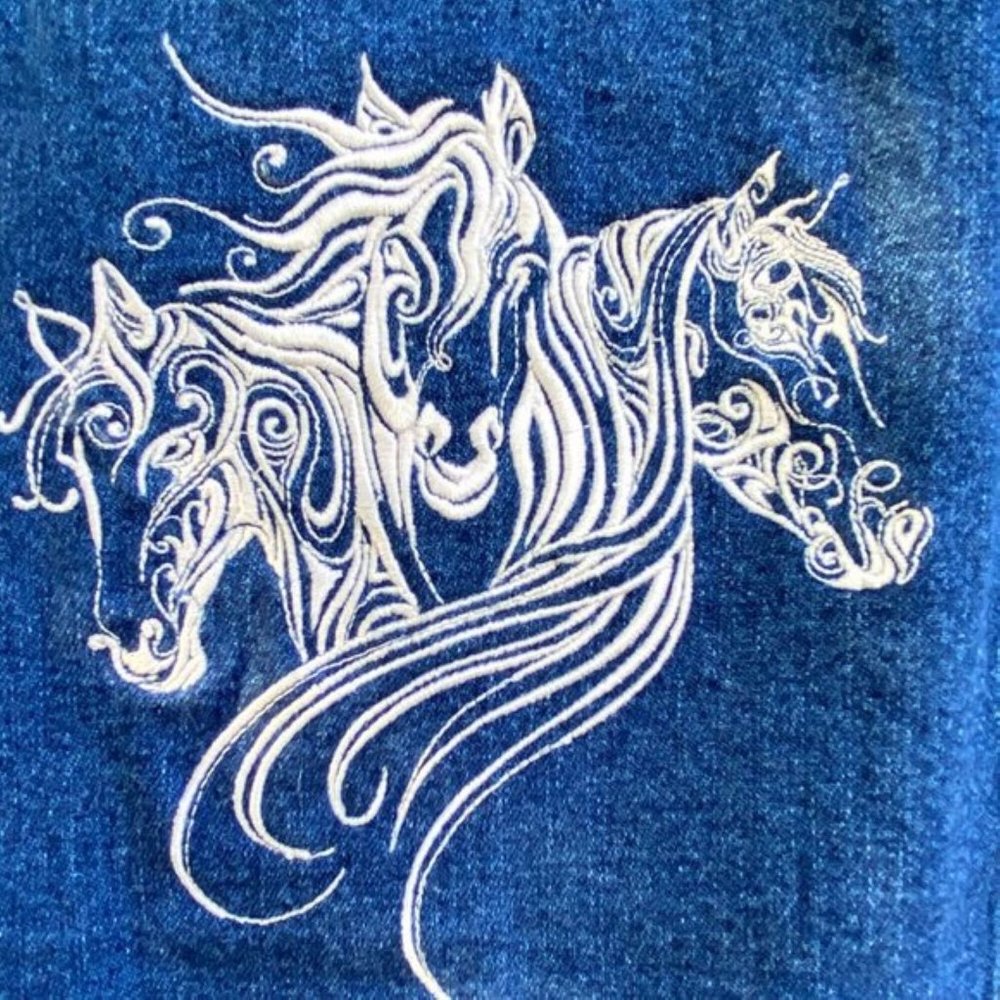 Shelly & Arnold Western Denim Vest Women's SZ S Custom Embroidered Horses Heads